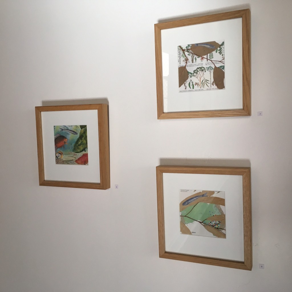 Installation View - Fish out of Water – A Visitor, gouache, and pages from "The Reader's Digest Complete Atlas of Australia" 1968 edition, 12 x 12 cm, 2014. Fish out of Water – Eucalypt, gouache, gum leaves, and pages from "The Reader's Digest Complete Atlas of Australia" 1968 edition, 12 x 12 cm, 2014. Fish out of Water – Fishing, gouache, gum leaves, and pages from "The Reader's Digest Complete Atlas of Australia" 1968 edition, 12 x 12 cm, 2014.